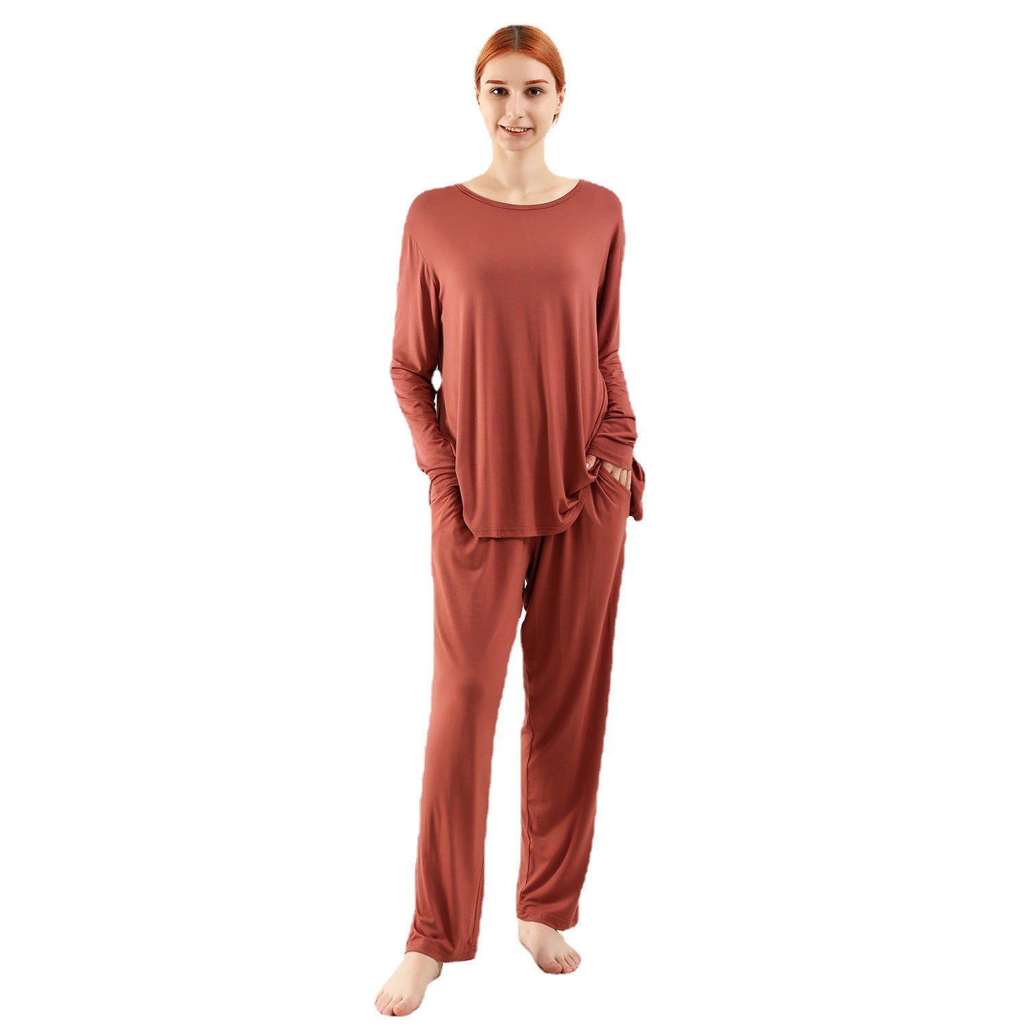 Plus size bamboo fiber home wear women loose fit long sleeve pants set

