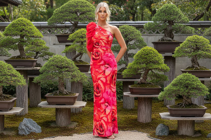 Woman wearing a vibrant pink floral one-shoulder dress with slim fit silhouette and open back.
