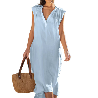 High waist pleated A-line midi dress in light blue – full length front view, women's commuter style dress