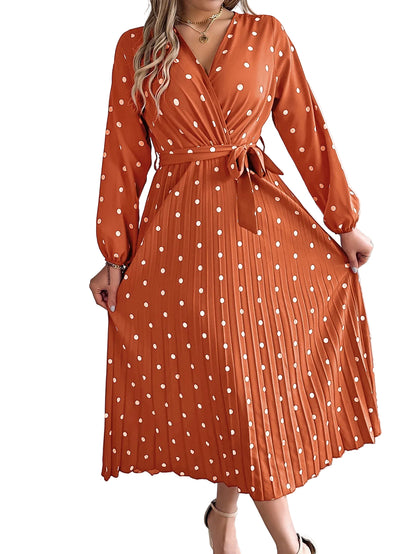 Polka dot long sleeve maxi dress in orange – full length front view, high wais