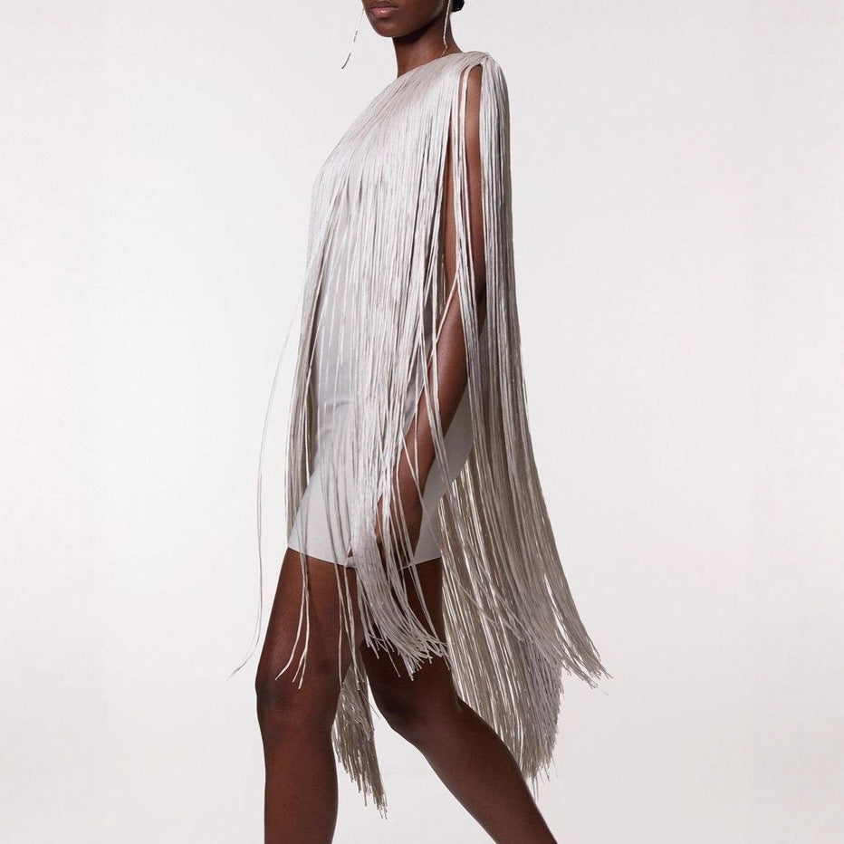 Statement fringe midi dress for cocktail parties

