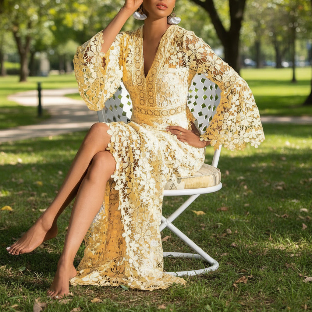 floral lace deep v neck bell sleeve dress 