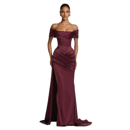 Off-Shoulder Draped Satin Formal Gown with Structured Bodice, Mermaid Silhouette, and Sweep Train
