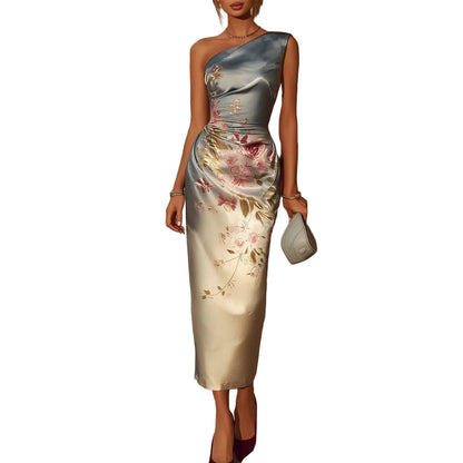One-Shoulder Floral Print Ruched Midi Elegant Dress with Gradient Blue to Ivory Satin
