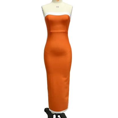 Orange strapless bandage maxi dress – close-up of white contrast side panel and colour-block graphic detail