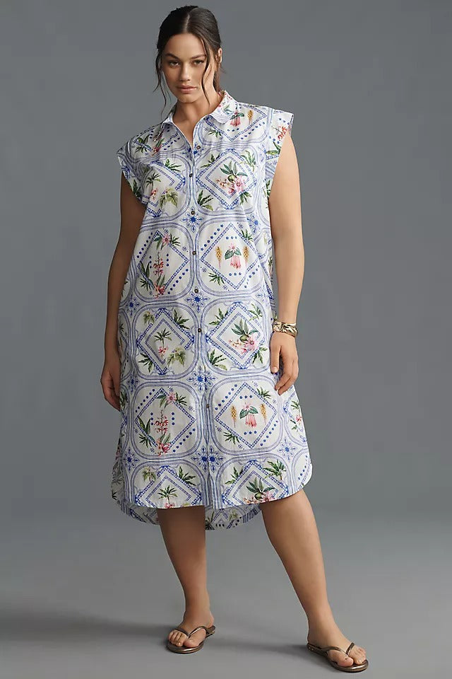 cap sleeve midi dress botanical print side slit
