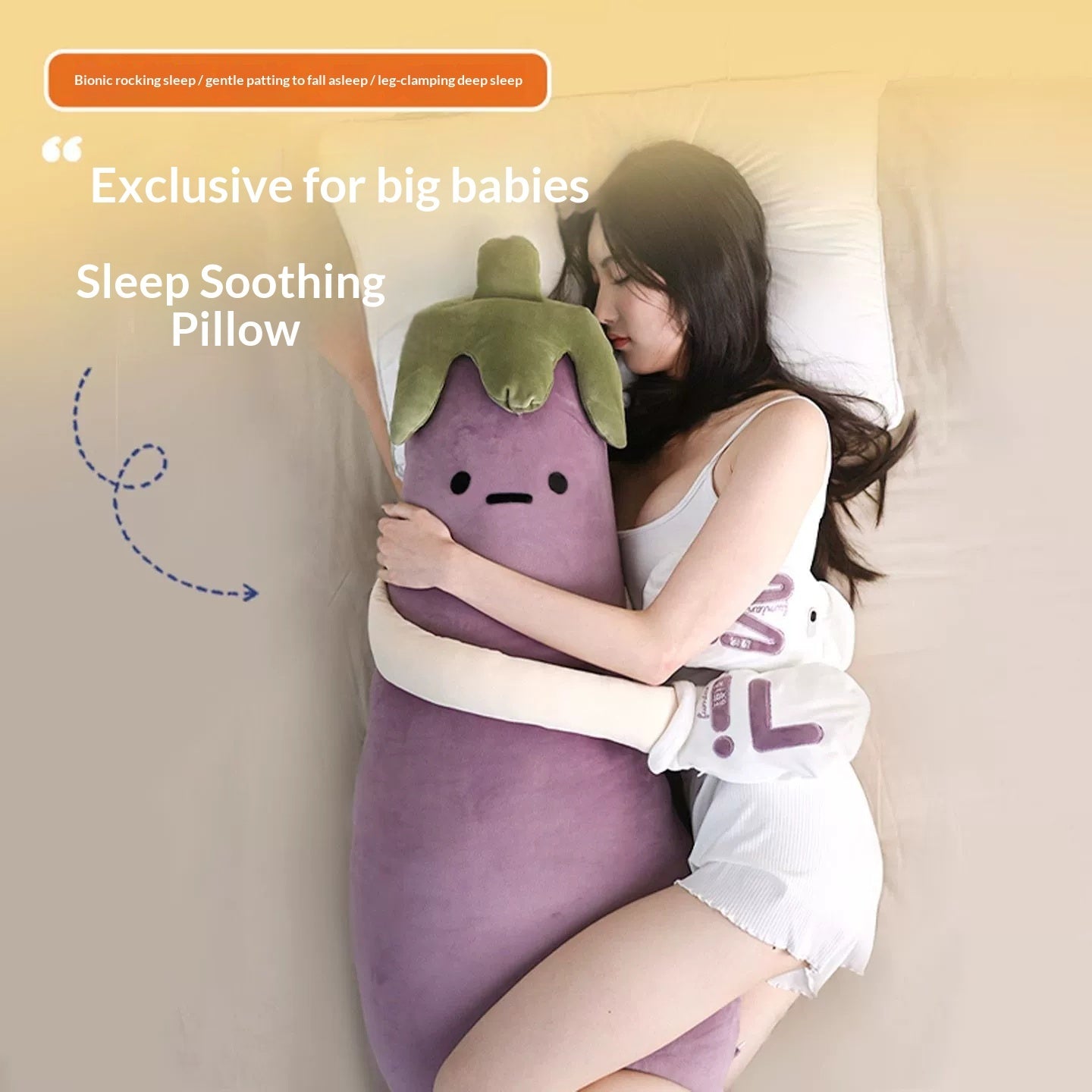 Person hugging a purple eggplant-shaped pillow with text about sleep soothing pillow for big babies.