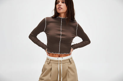 Fitted ribbed long sleeve top - brown crew neck shirt with contrast white trim for layering

