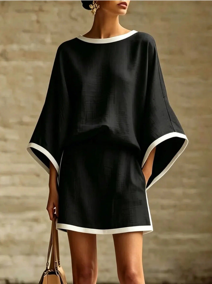 Color-Block Women's Co-ord Set with Batwing Top and Fitted High-Waist Mini Skirt
