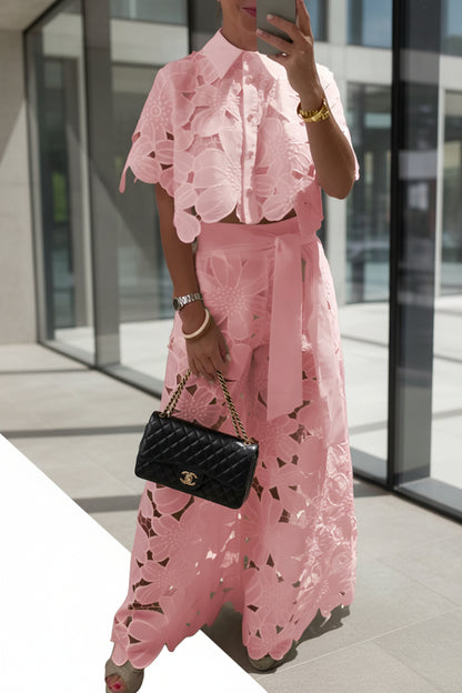 lady wearing a pink lace outfit pant set