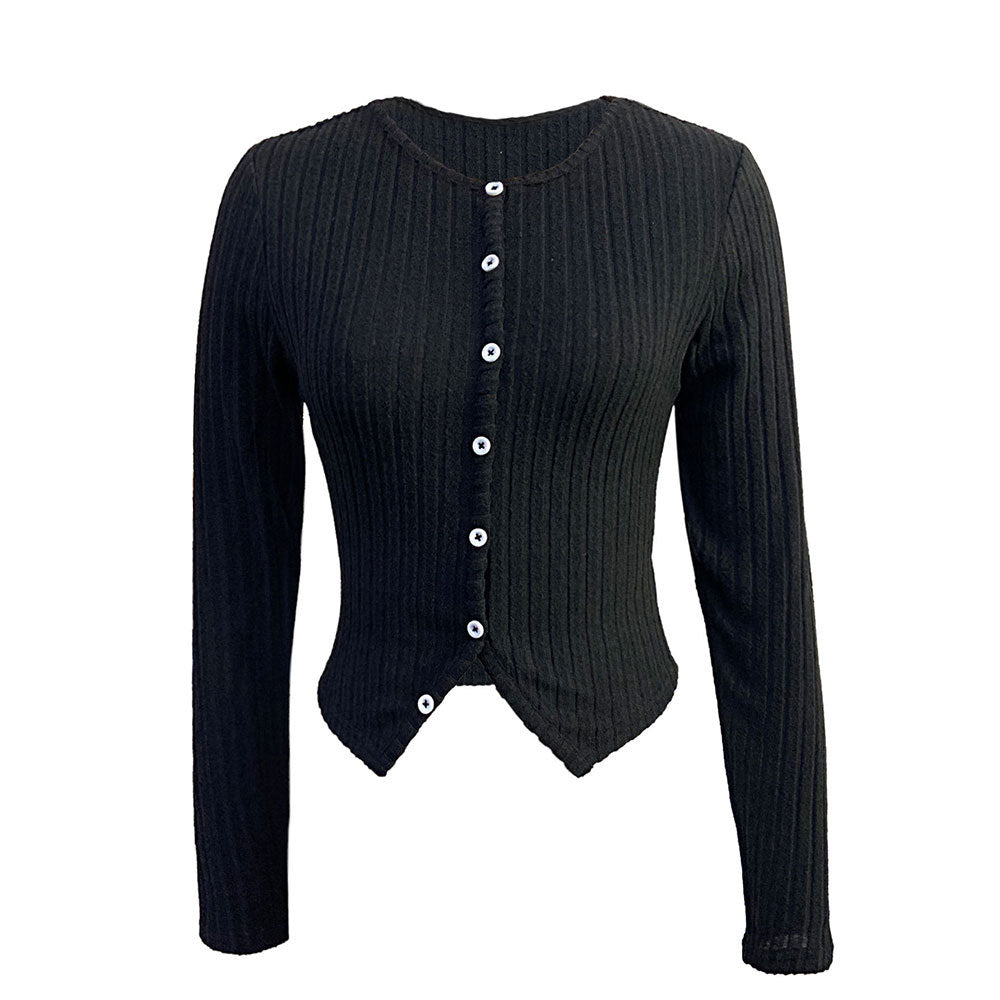 Long sleeve black crop top - button-up front with round neckline for autumn winter wear

