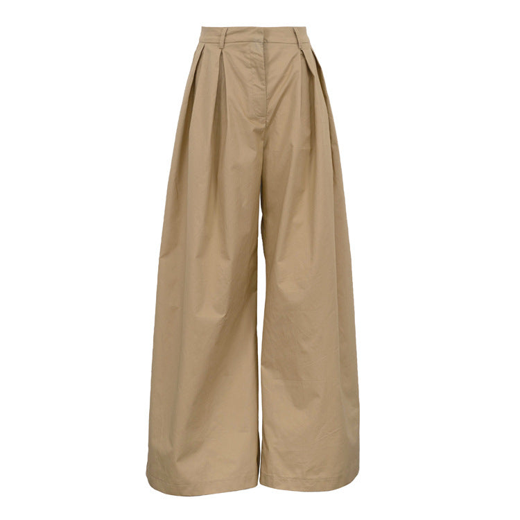 A pair of high-waisted, wide-leg trousers in a light tan or khaki color,