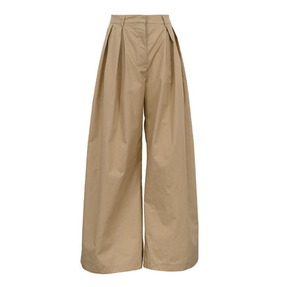 A pair of high-waisted, wide-leg trousers in a light tan or khaki color,