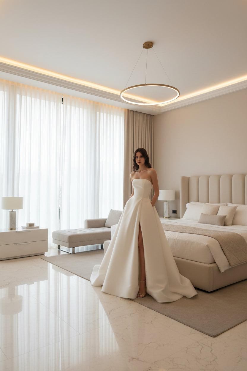 Woman in a white strapless gown with a high slit standing in an ornate architectural setting.