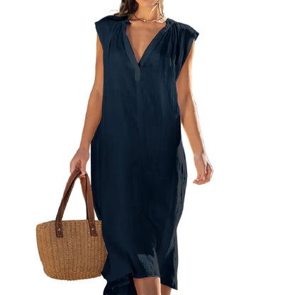 Sleeveless A-line midi dress in  blue – front view, high waist pleated midi dress casual style
