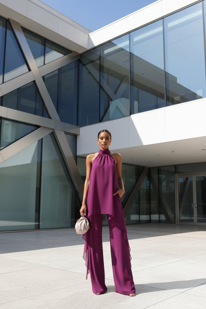 Curvy fashion sleeveless irregular top and pants set in pink for summer evenings
