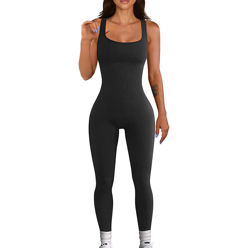 Stretchy spandex bodysuit jumpsuit with ribbed texture, front view

