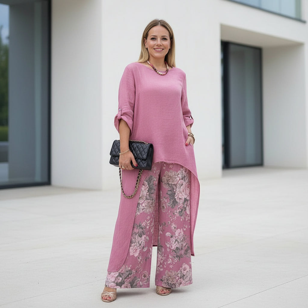 Curvy fashion wide-leg pants and top set in pink cotton linen blend with pockets
