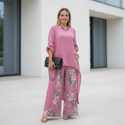 Curvy fashion wide-leg pants and top set in pink cotton linen blend with pockets
