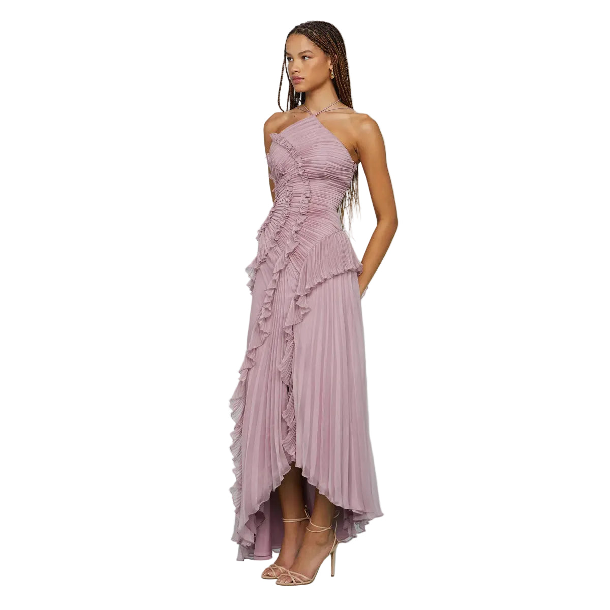 Woman wearing a pink one-shoulder dress with ruffles 