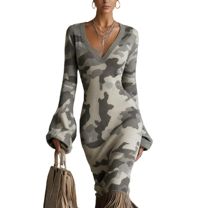 Vintage-inspired ribbed knit dress with flattering V-neck and midi length

