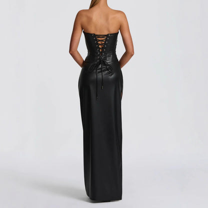 Black strapless gown with lace-up back 