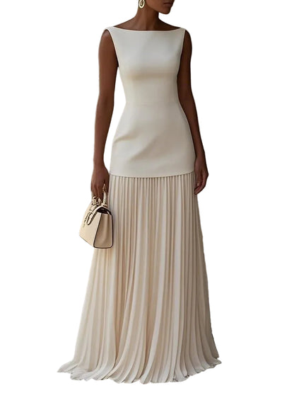 Fitted Sleeveless Boat-Neck Top and Deep Accordion-Pleated Maxi Skirt Two-Piece Elegant Set

