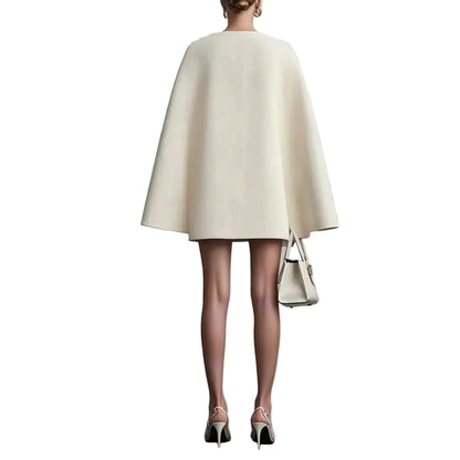Women's double-breasted cape sleeve blazer mini dress in beige– luxury occasion dress
