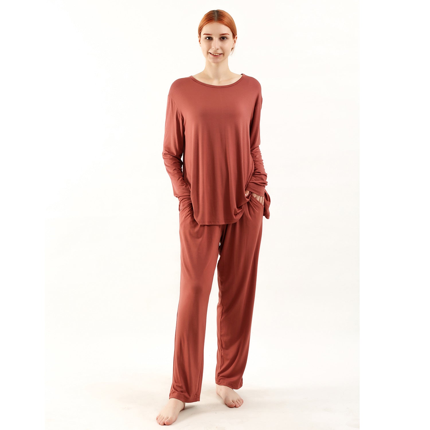 Plus size bamboo pajamas women elastic waist pants long sleeve set

