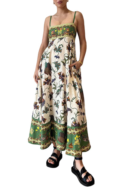Botanical print maxi dress side view showing swing skirt and pocket`
