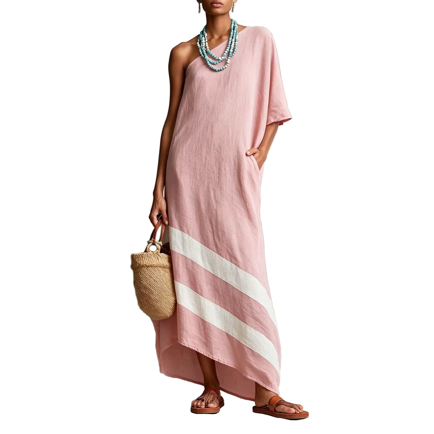Asymmetric One-Shoulder Linen Maxi Casual Dress with White Stripe Hem Detail and Side Pockets

