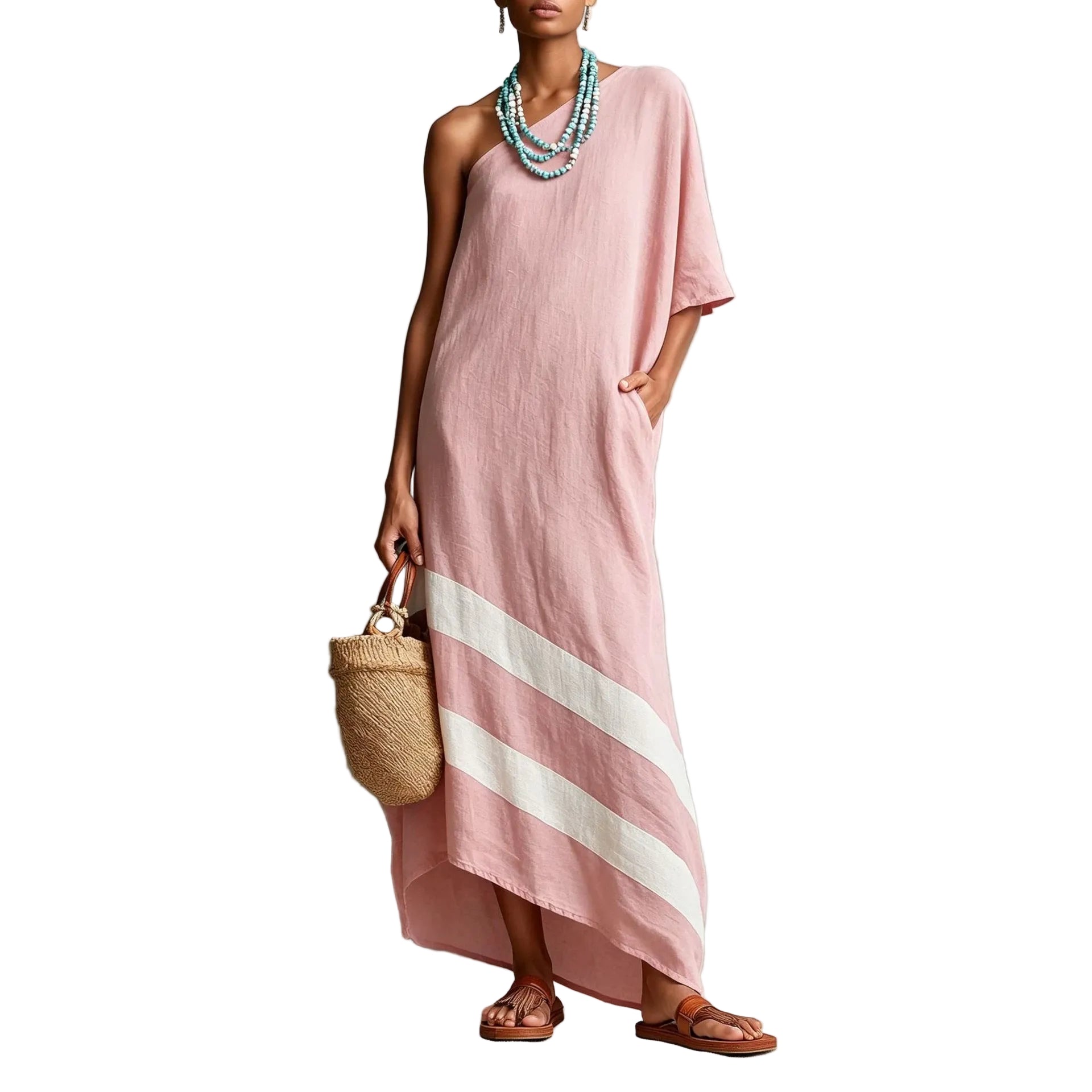 Asymmetric One-Shoulder Linen Maxi Casual Dress with White Stripe Hem Detail and Side Pockets
