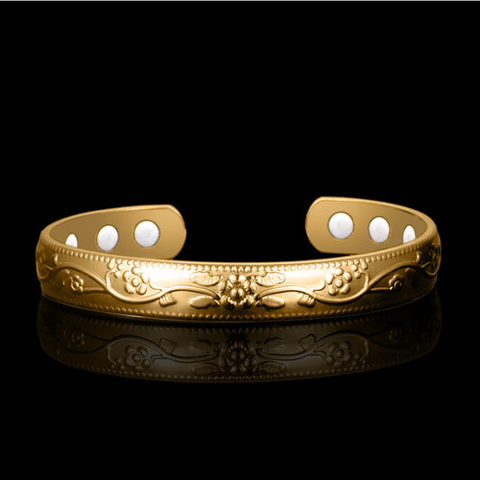 18K gold plated magnetic therapy bracelet wide cuff with hydraulic detailing

