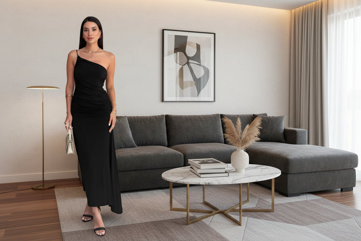 black  one shoulder bodycon dress - ruched midi dress with fitted silhouette for date night

