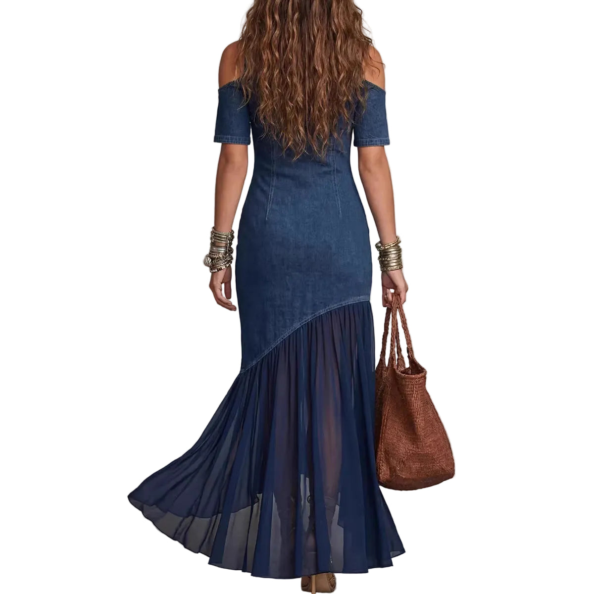 short sleeve denim bodycon dress asymmetric mesh ruffle skirt women
