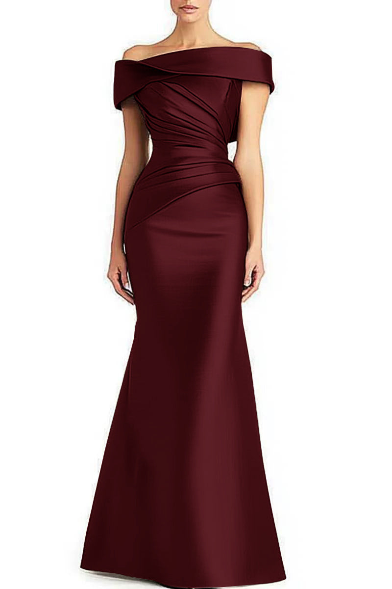 Formal maxi dress with pleated detailing and off-shoulder design, full-length view