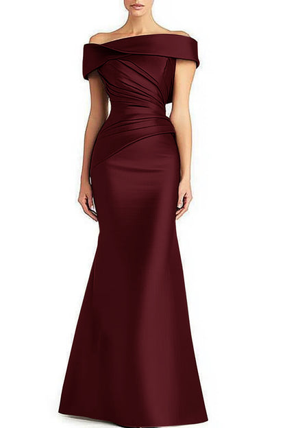 Formal maxi dress with pleated detailing and off-shoulder design, full-length view