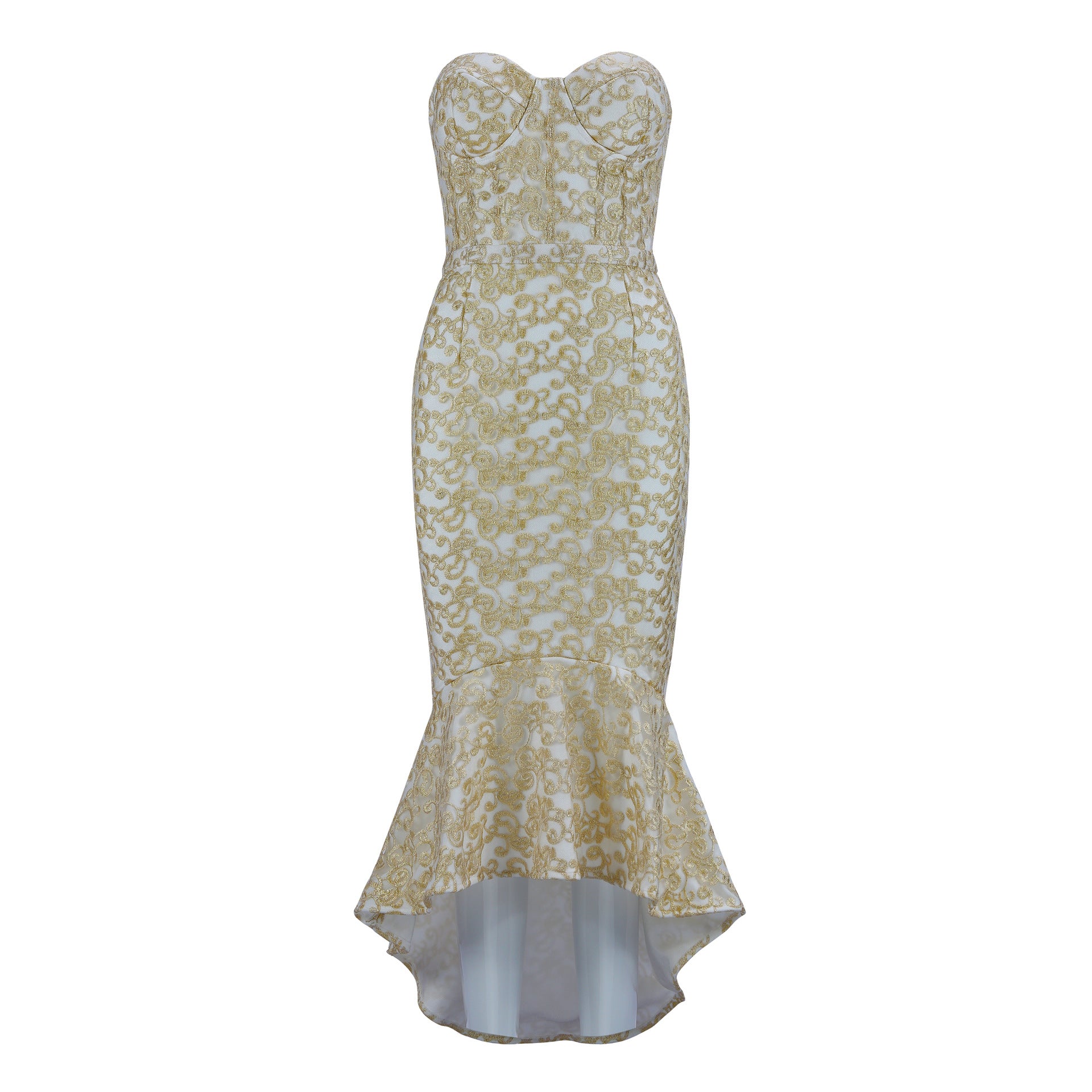 Sophisticated gold sequin formal gown showing mermaid silhouette and fishtail hem

