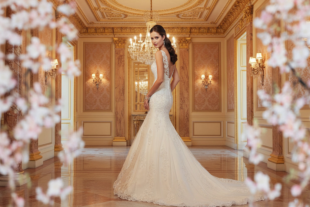 Back view of ivory mermaid wedding dress with elegant open low back and lace fishtail skirt

