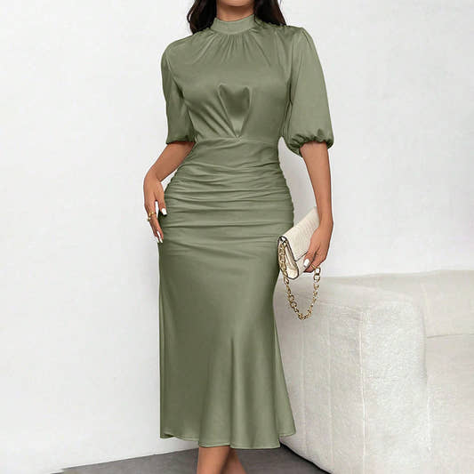 Ruched Satin Mock Neck Midi Dress