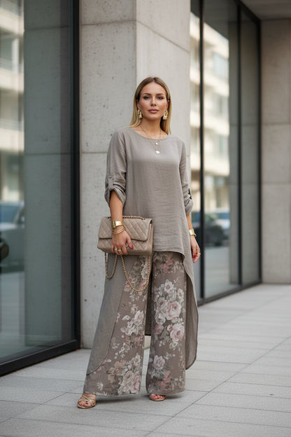 Japanese Korean casual style linen set with flying sleeve top and wide-leg pants
