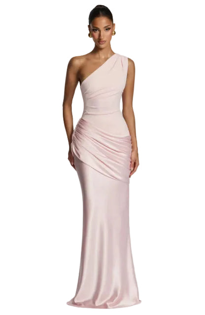 Fitted One-Shoulder Ruched Satin Formal Gown with High-Waist Bodice and Diagonal Skirt Ruching
