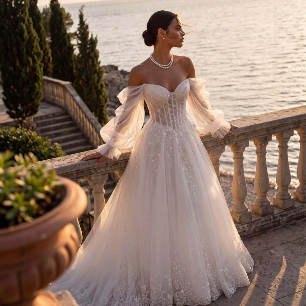 Ivory Lace Ball Gown with Sheer Bishop Sleeves in Ivory