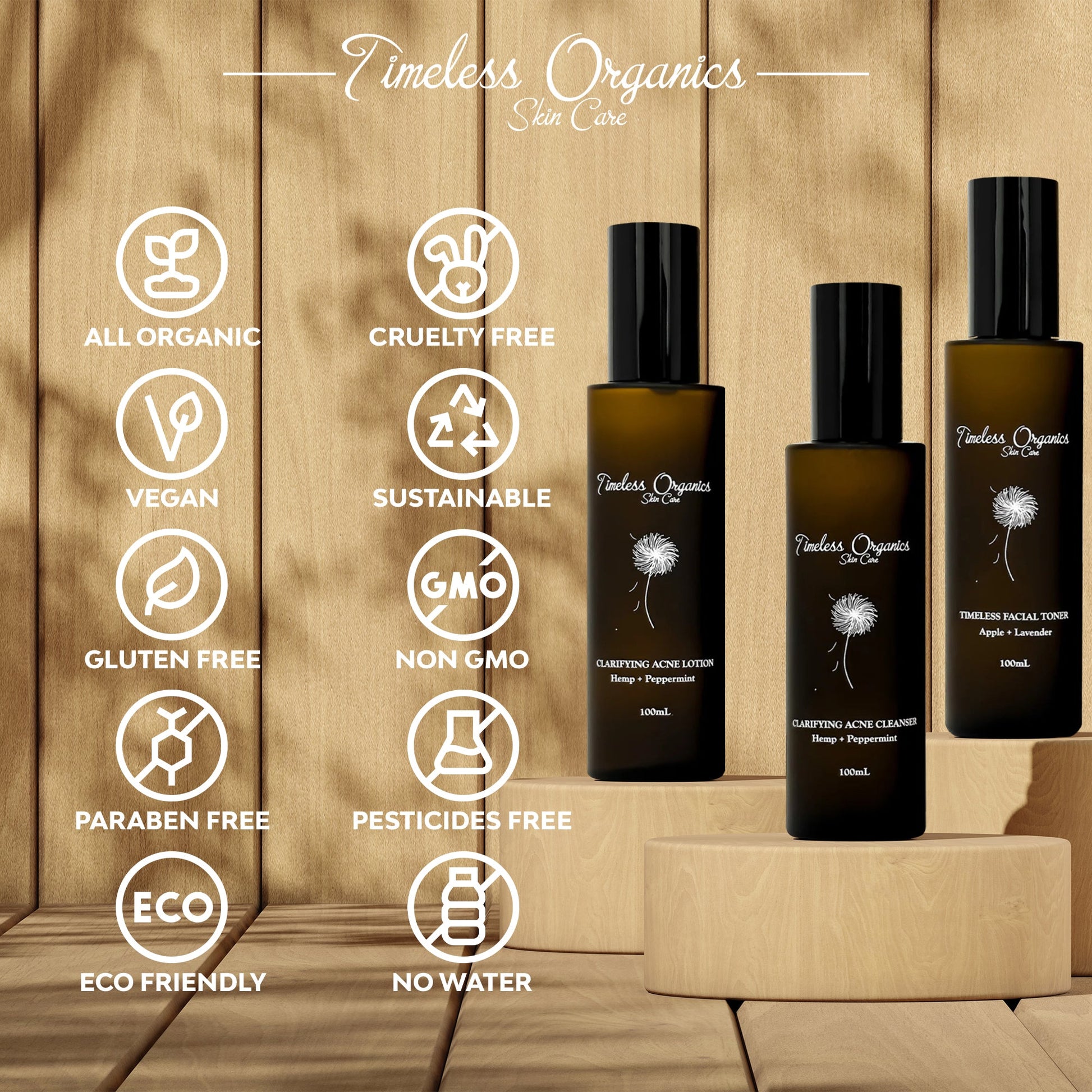 Timeless Organics skincare products with certification icons on a wooden background