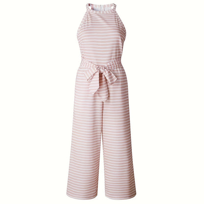 Casual striped jumpsuit featuring flowy wide leg silhouette, front view

