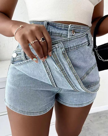 Stretch Denim High-Waist Skort with Asymmetric A-Line Wrap Front and Back Pocket Detail
