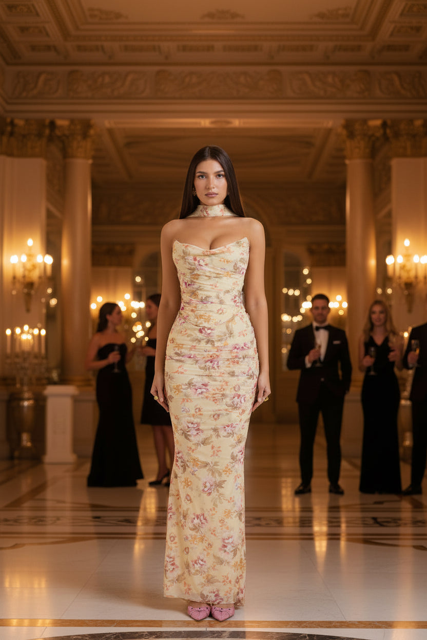 Maxi dress formal cowl neck for bridesmaid and black tie events

