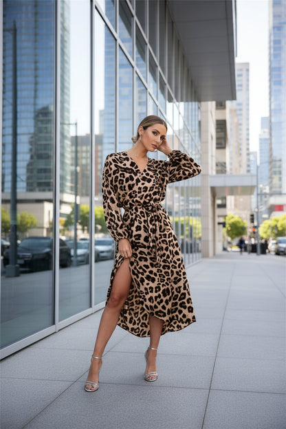 Brown leopard print chiffon dress with asymmetric hem and lace-up neckline

