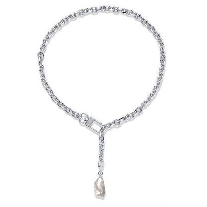 Long minimalist silver necklace with pearl pendant