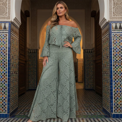 Green lace off-shoulder top and wide-leg pants 